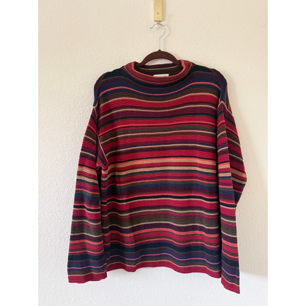 Jones New York Striped Mock Neck Knit Multi Color Pullover Sweater Large Cottage